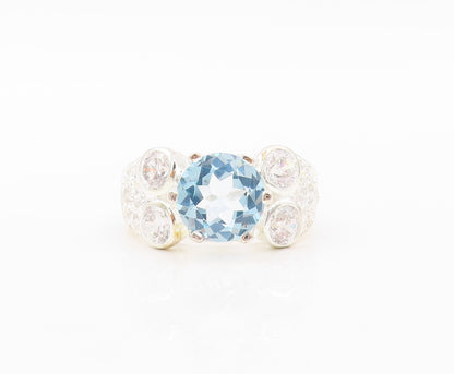 925 Sterling Silver Vintage Ring Designer Cutout Blue & White CZ  Sz 7  RG31032