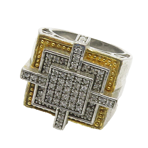 925 Sterling Silver  Vintage Topaz Two Tone Square Cocktail Ring Sz 9  RG18306