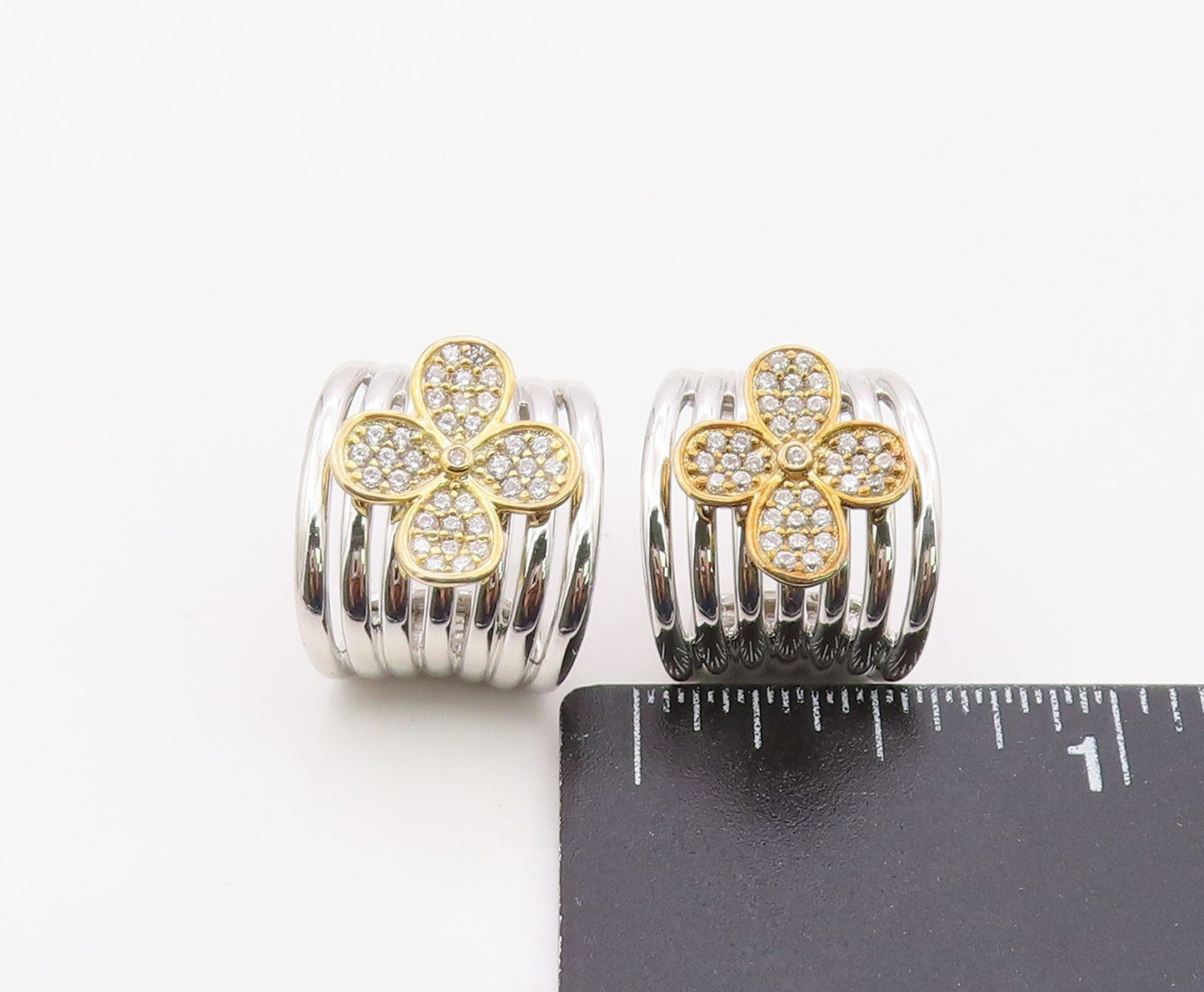 925 Sterling Silver Vintage Earrings Two Tone CZ Clover Cluster J Hoop  EG14370