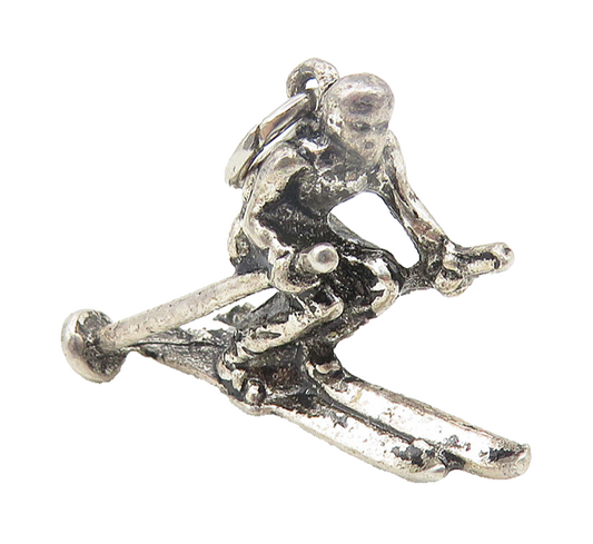 925 Sterling Silver  Vintage Petite Dark Tone Skiing Man Sports Pendant PT8942