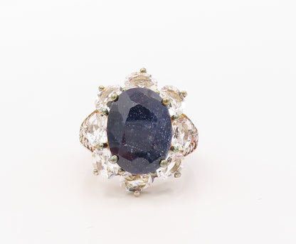 925 Sterling Silver Vintage Ring Sapphire & Topaz Inlay Flower  Sz 9  RG30670