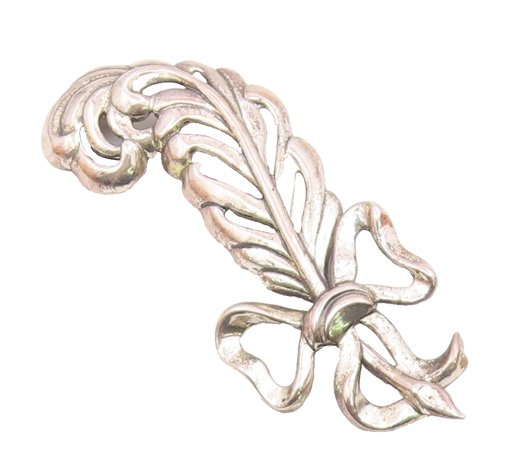 925 Sterling Silver  Vintage Shiny Bow Tied Ribbon Feather Brooch Pin  BP3641