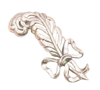 925 Sterling Silver  Vintage Shiny Bow Tied Ribbon Feather Brooch Pin  BP3641