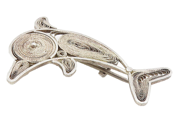 925 Sterling Silver  Vintage Antique Filigree Dolphin Motif Brooch Pin  BP3516