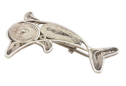 925 Sterling Silver  Vintage Antique Filigree Dolphin Motif Brooch Pin  BP3516