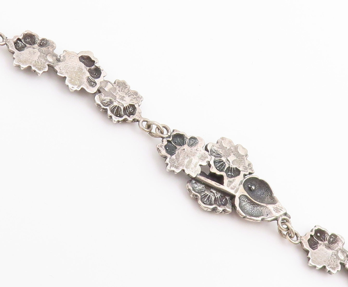 925 Sterling Silver Vintage Necklace Classic Botanical Floral Motif Link  NE4889