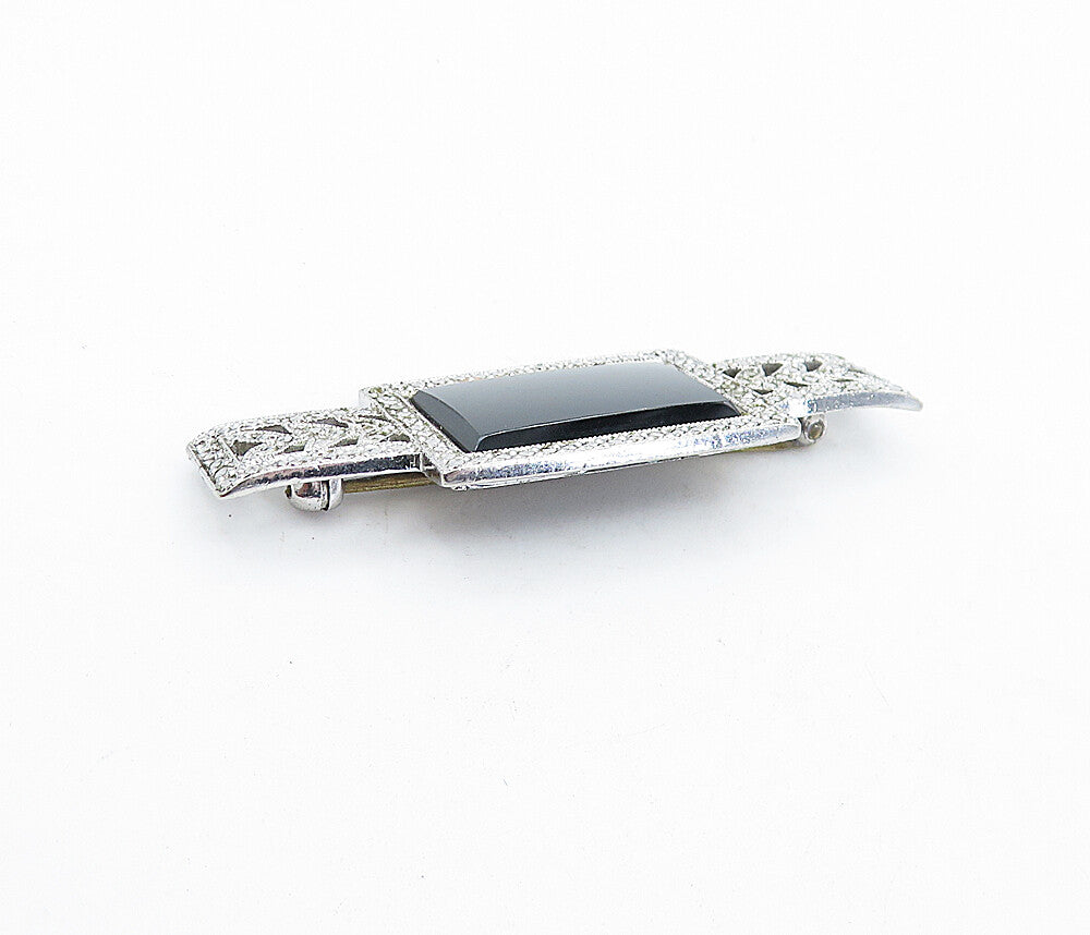 925 Sterling Silver  Vintage Black Onyx Floral Leaf Shiny Brooch Pin  BP1645