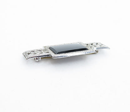 925 Sterling Silver  Vintage Black Onyx Floral Leaf Shiny Brooch Pin  BP1645