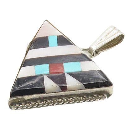 NAVAJO 925 Silver Vintage Mother Of Pearl Onyx & Multi Stone Pendant PT14687