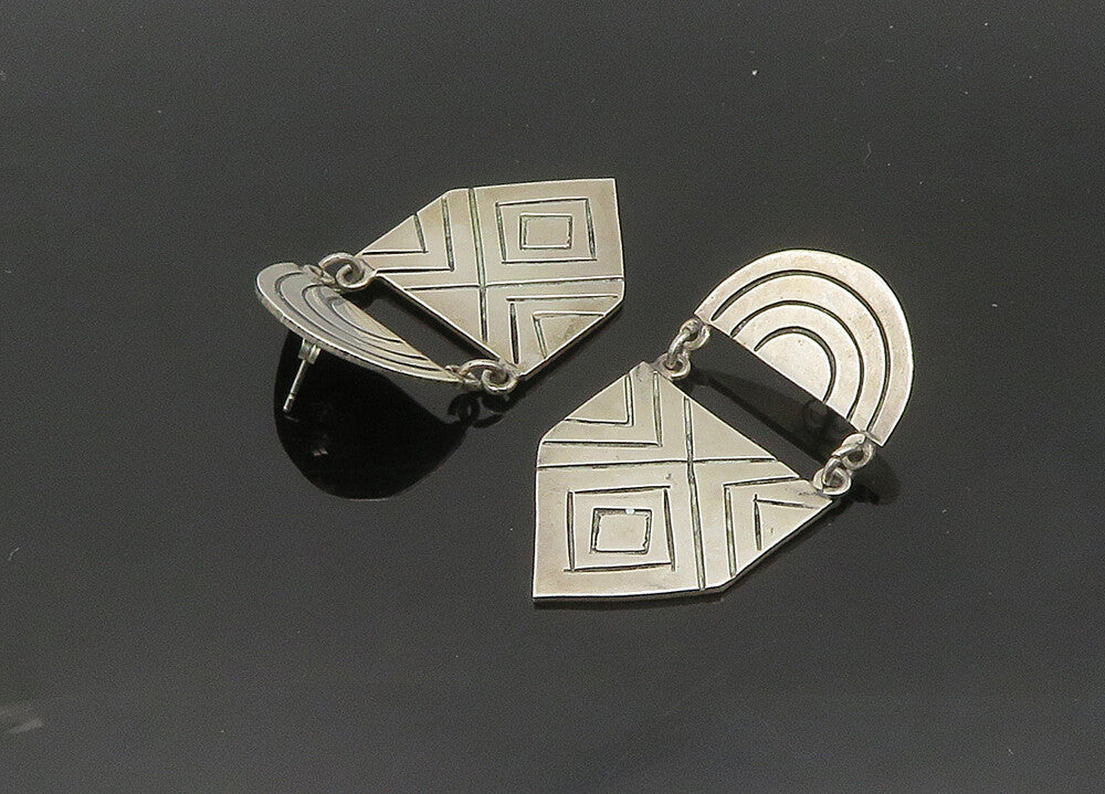 MEXICO 925 Silver  Vintage Shiny Etched Pattern Dangle Earrings  EG10256