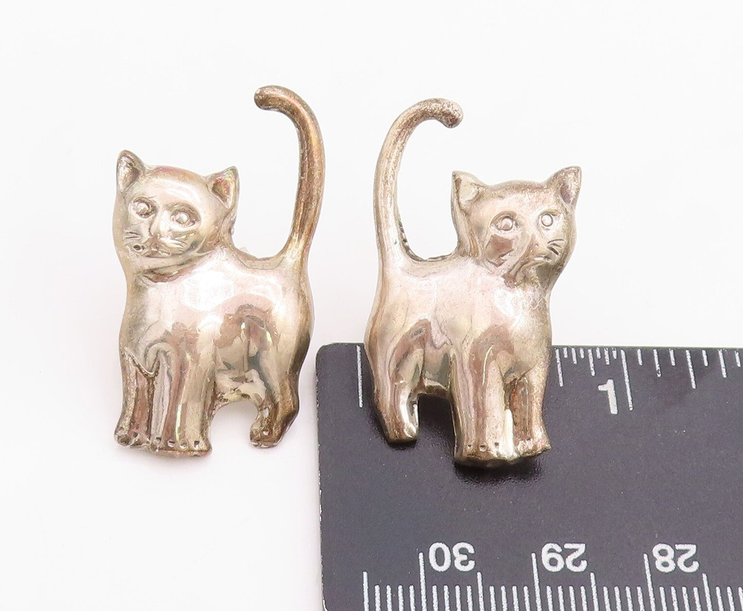925 Sterling Silver Vintage Earrings Solid Carved Shiny Cats  EG13260