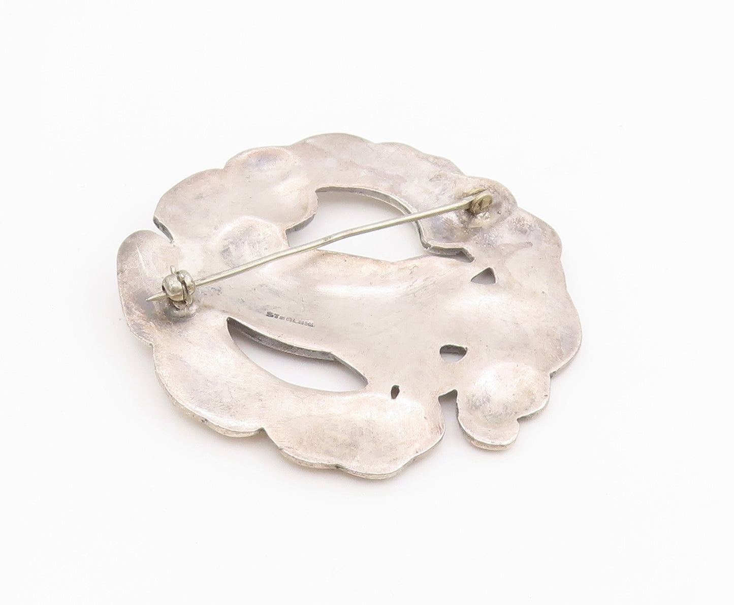 925 Sterling Silver Vintage Brooch Pin Etched Dove In Wreath Motif  BP12169