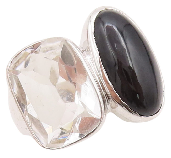 925 Sterling Silver Vintage Ring Oval Onyx Rectangle Topaz  Sz 7  RG29180