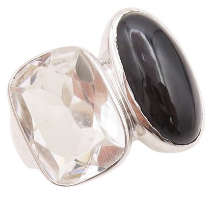 925 Sterling Silver Vintage Ring Oval Onyx Rectangle Topaz  Sz 7  RG29180