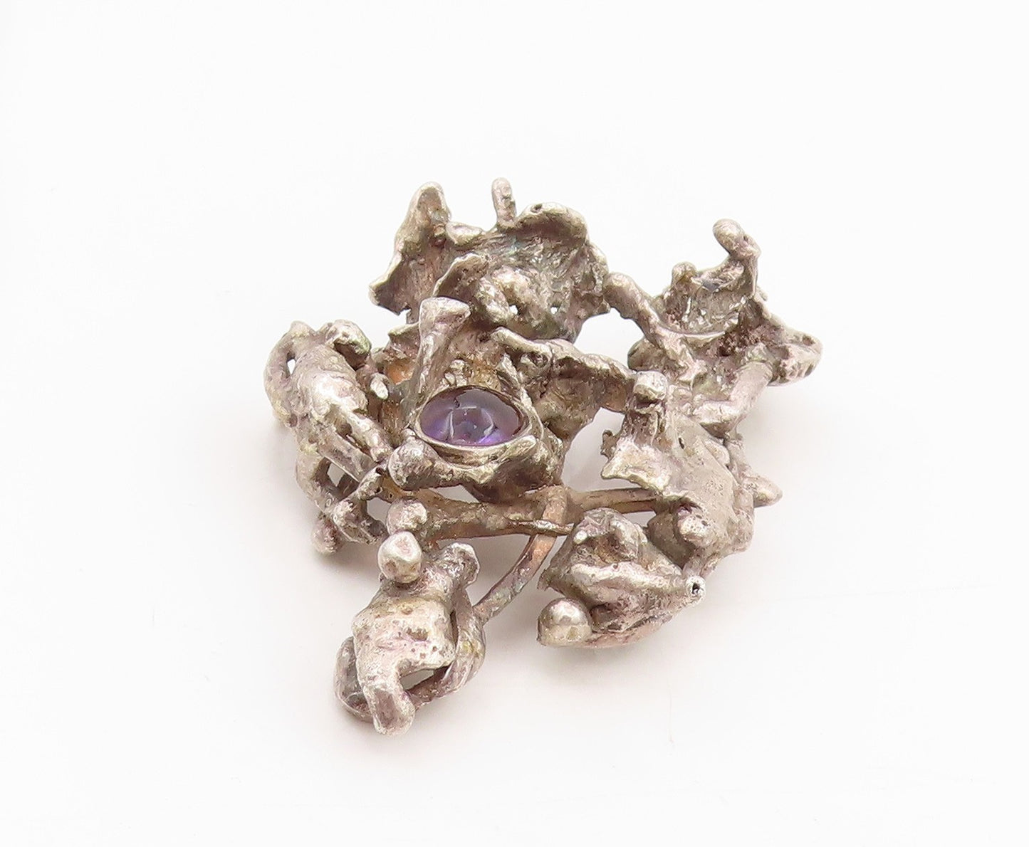 925 Sterling Silver Vintage Pendant Cabochon Amethyst Brutalist Locket  PT25535