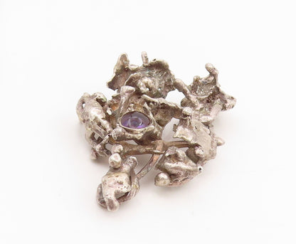 925 Sterling Silver Vintage Pendant Cabochon Amethyst Brutalist Locket  PT25535