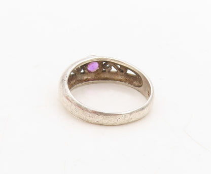 925 Sterling Silver Vintage Ring Swirly Cutout Round Cut Amethyst Sz 7.5 RG31672