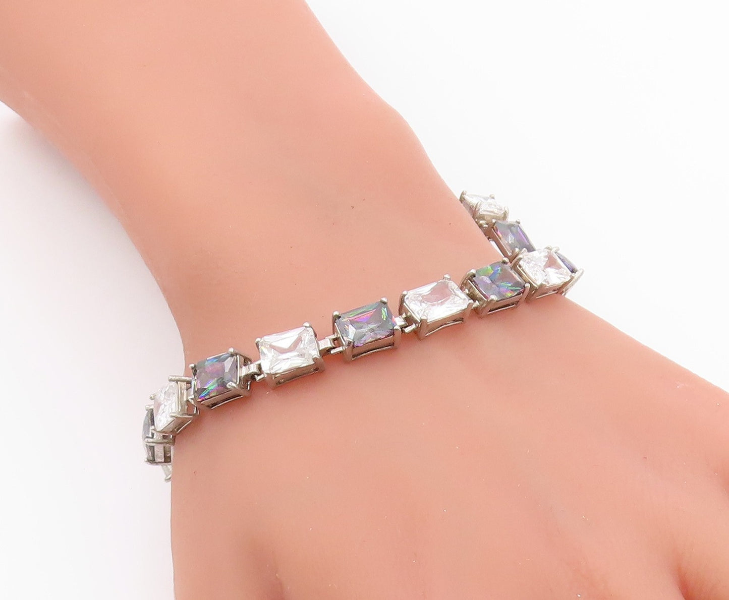 925 Sterling Silver  Vintage Cubic Zirconia & Mystic Topaz Bracelet  BT9518