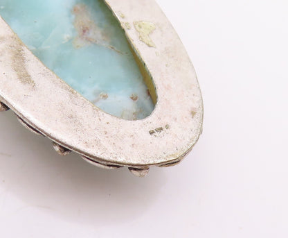 925 Sterling Silver Vintage Pendant Cabochon Larimar Scrollwork Drop  PT25790