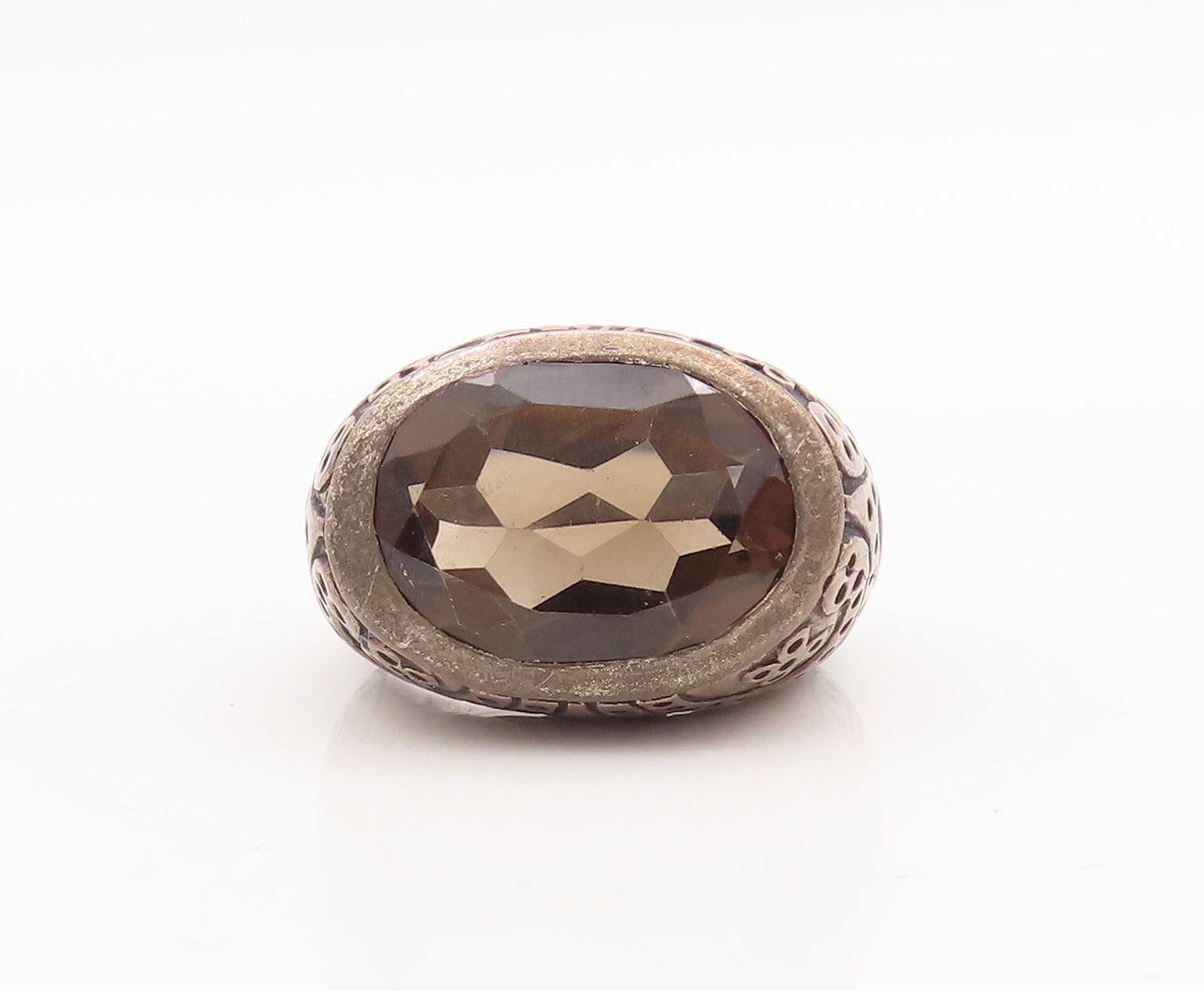 925 Sterling Silver Vintage Ring Beaded Carved Oval Smoky Quartz  Sz 8  RG29198