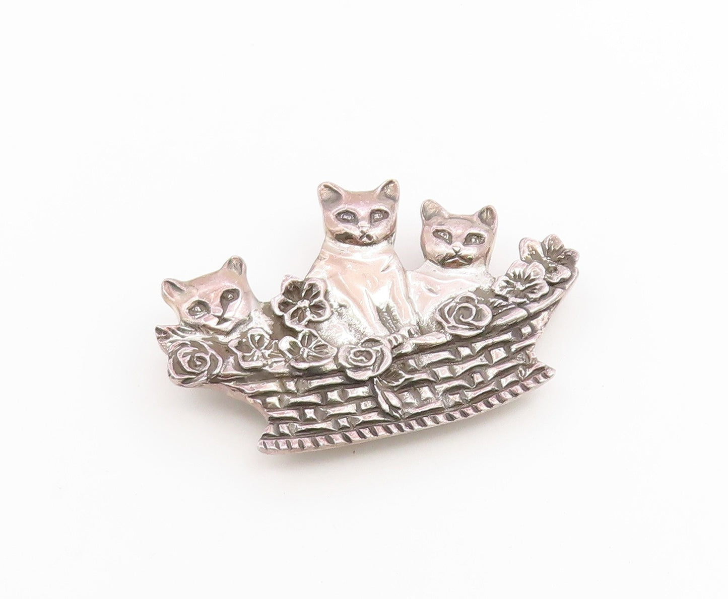 925 Sterling Silver Vintage Brooch Pin Kittens In Woven Flower Basket  BP12655