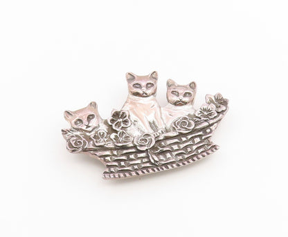 925 Sterling Silver Vintage Brooch Pin Kittens In Woven Flower Basket  BP12655