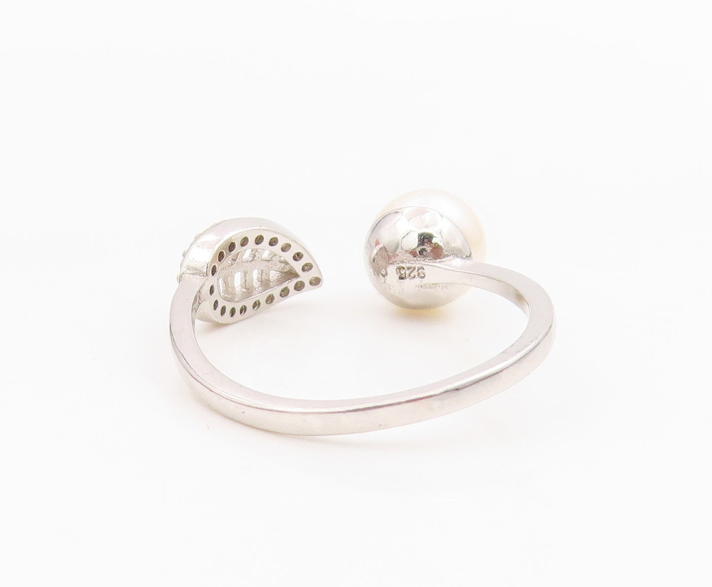 925 Sterling Silver Vintage Ring Elegant Pearl & CZ Floral Leaf  Sz 9  RG34244