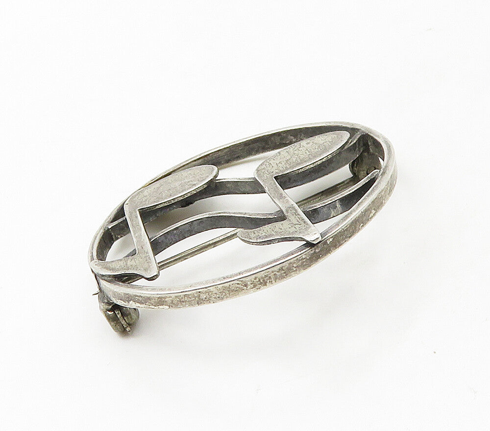 BEAU 925 Sterling Silver   Vintage Music Notes Round Smooth Brooch Pin  BP6616