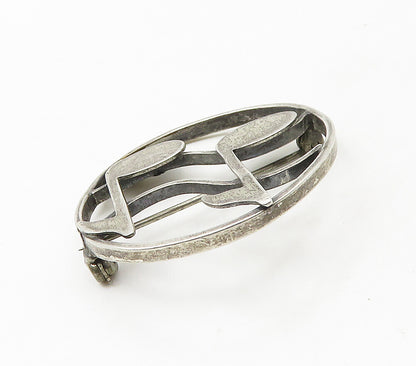 BEAU 925 Sterling Silver   Vintage Music Notes Round Smooth Brooch Pin  BP6616