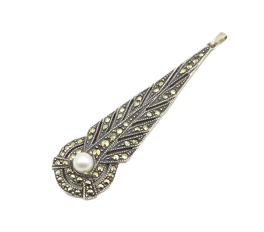 JUDITH JACK 925 Sterling Silver  Vintage Pearl & Marcasite Pendant  PT11597