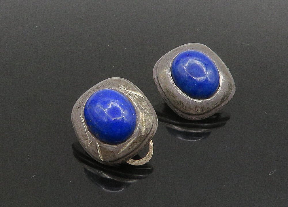 EUROPEAN 925 Silver  Vintage Cabochon Lapis Lazuli Non Pierce Earrings EG11423