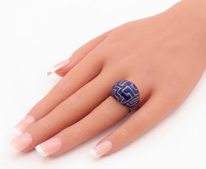 925 Sterling Silver Vintage Ring Enameled Domed Maze Design  Sz 6.5 RG31742