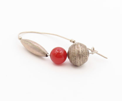 925 Sterling Silver Vintage Earrings Modernist Carnelian Bead Hoops  EG14500