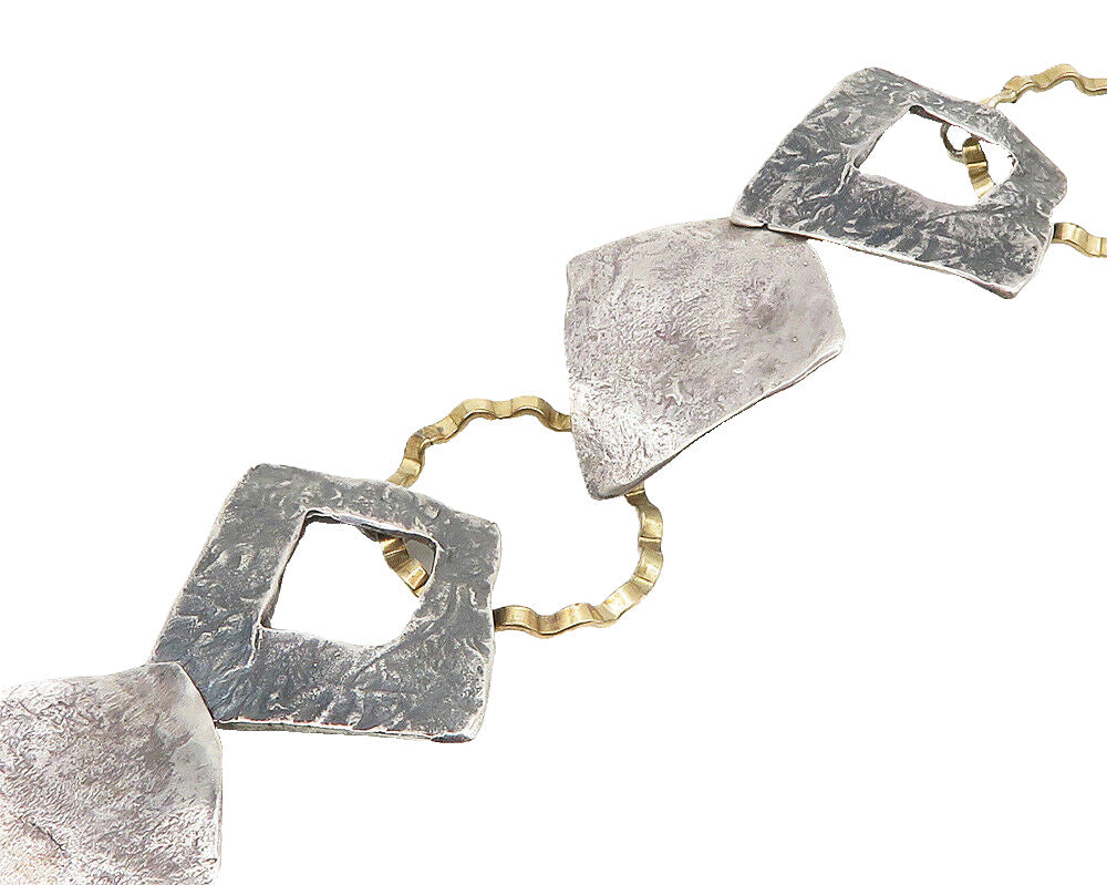 925 Silver & 14K GOLD  Vintage 2 Tone Sculpted Modernist Chain Bracelet BT7763