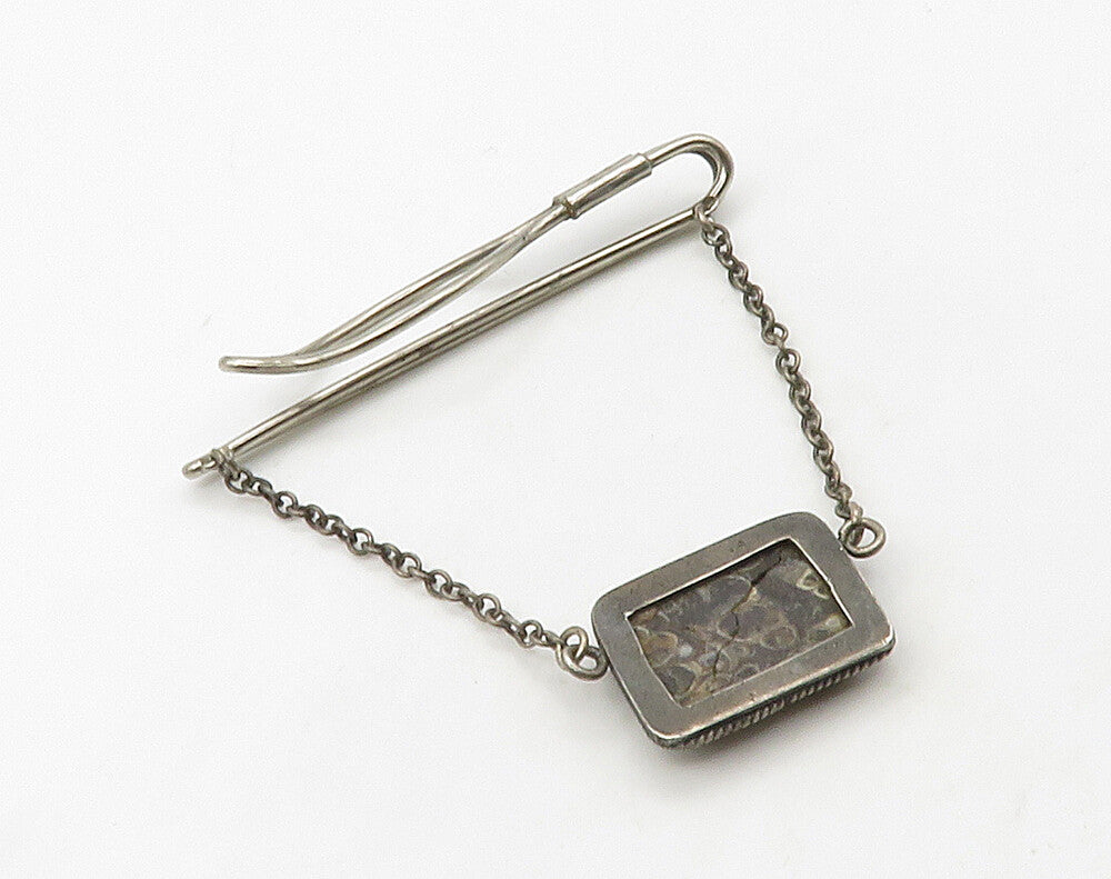 925 Sterling Silver  Vintage Spotted Jasper Chained Tie Clip  TR2246