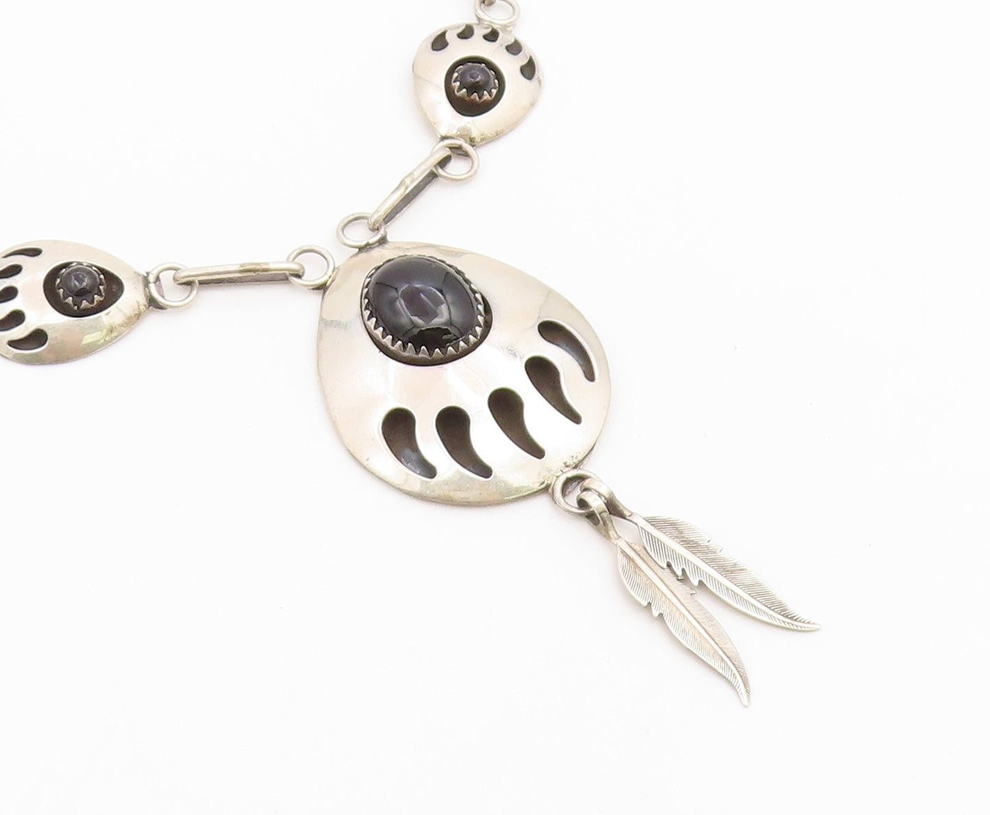 925 Sterling Silver Vintage Necklace NAVAJO Black Onyx Feather Drop Chain NE4908