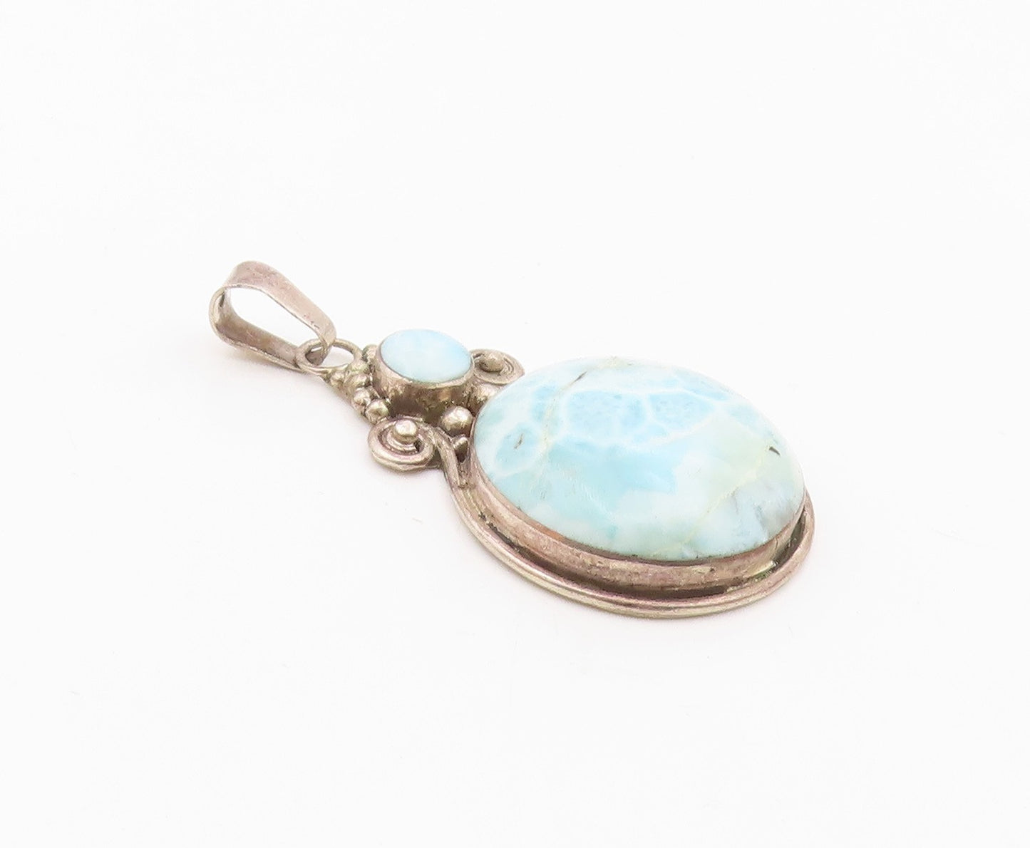 925 Sterling Silver  Vintage Cabochon Cut Larimar Swirl Drop Pendant  PT12443