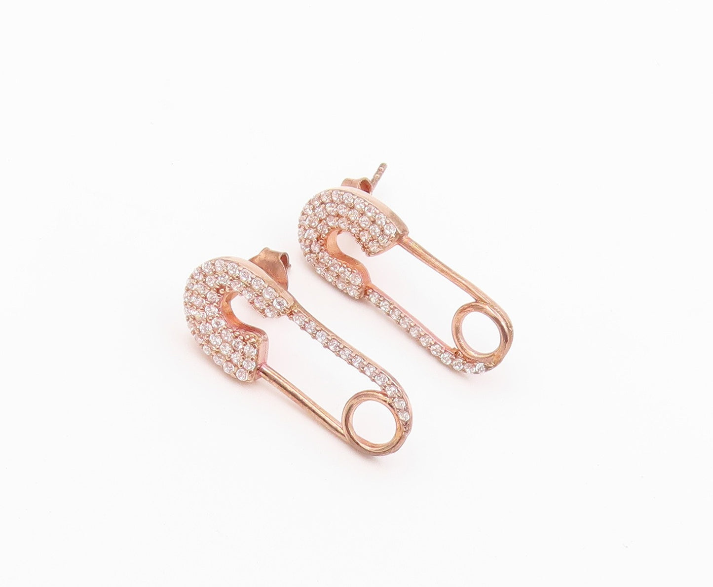 925 Sterling Silver Vintage Earrings Gold Plated CZ Safety Pin Studs  EG14519