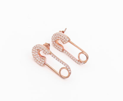 925 Sterling Silver Vintage Earrings Gold Plated CZ Safety Pin Studs  EG14519