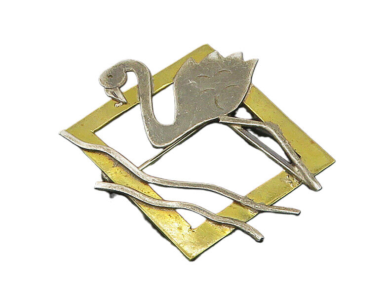 925 Sterling Silver  Vintage Two Tone Flamingo Open Square Brooch Pin  BP7423