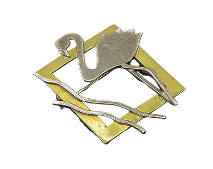 925 Sterling Silver  Vintage Two Tone Flamingo Open Square Brooch Pin  BP7423