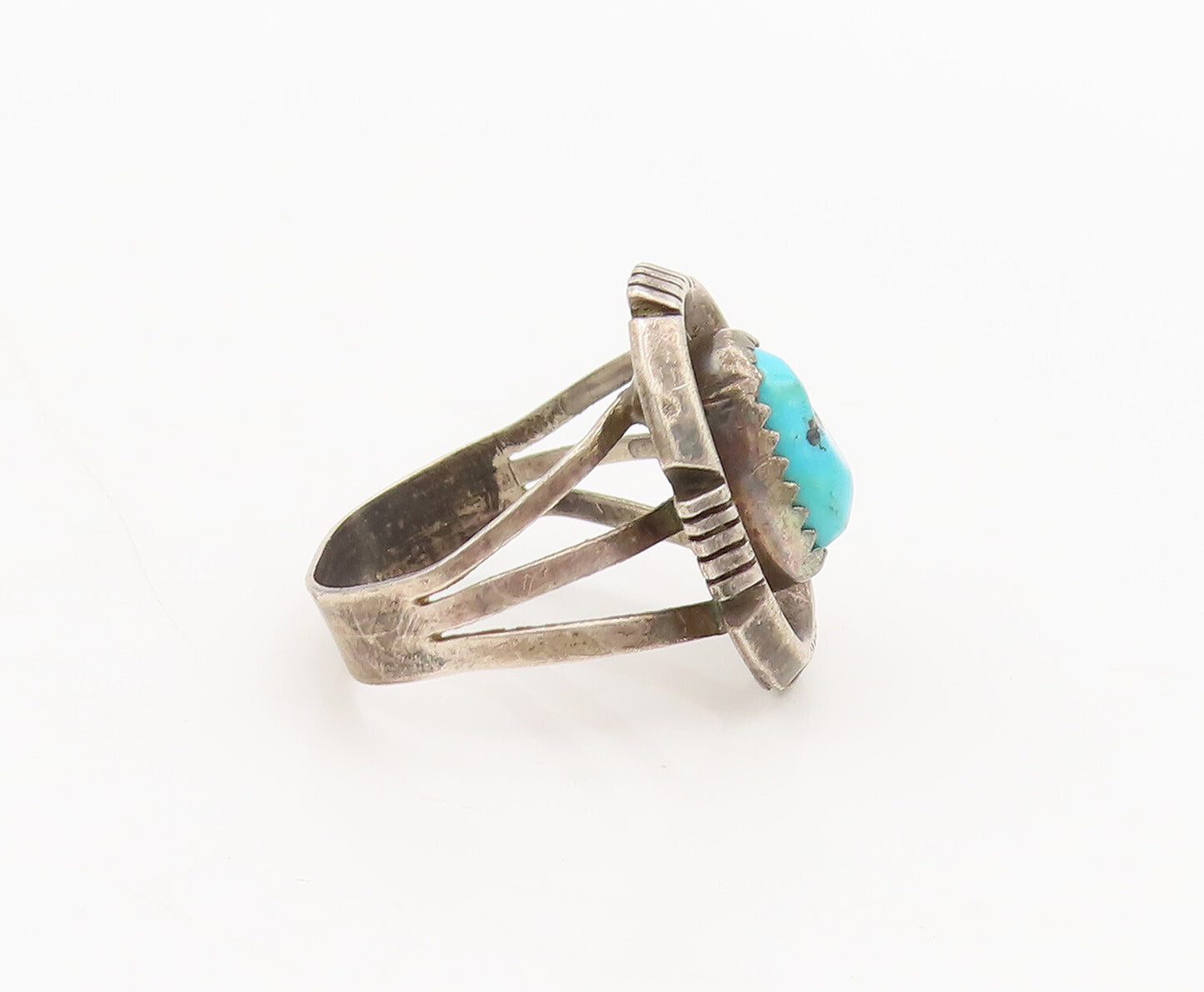 NAVAJO 925 Silver Vintage Turquoise Halo Carved Twisted Rope Ring Sz 7 RG26849