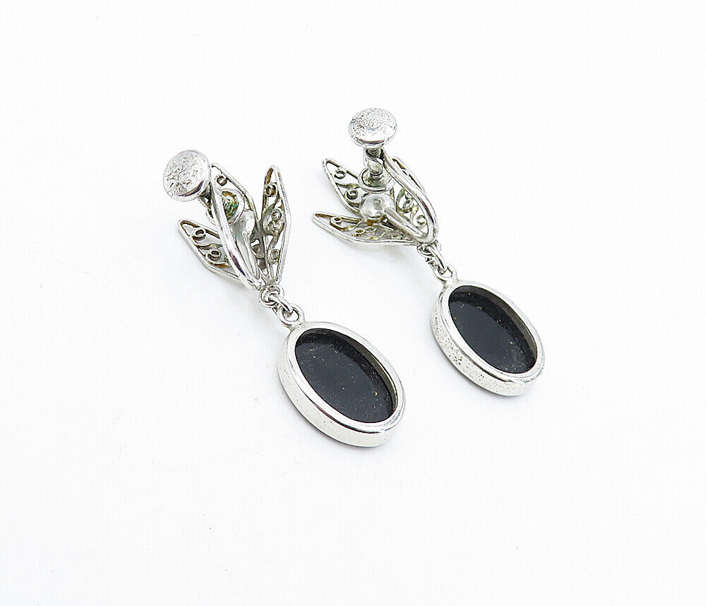 CARL ART 925 Silver  Vintage Black Onyx Floral Non Pierce Earrings  EG2589