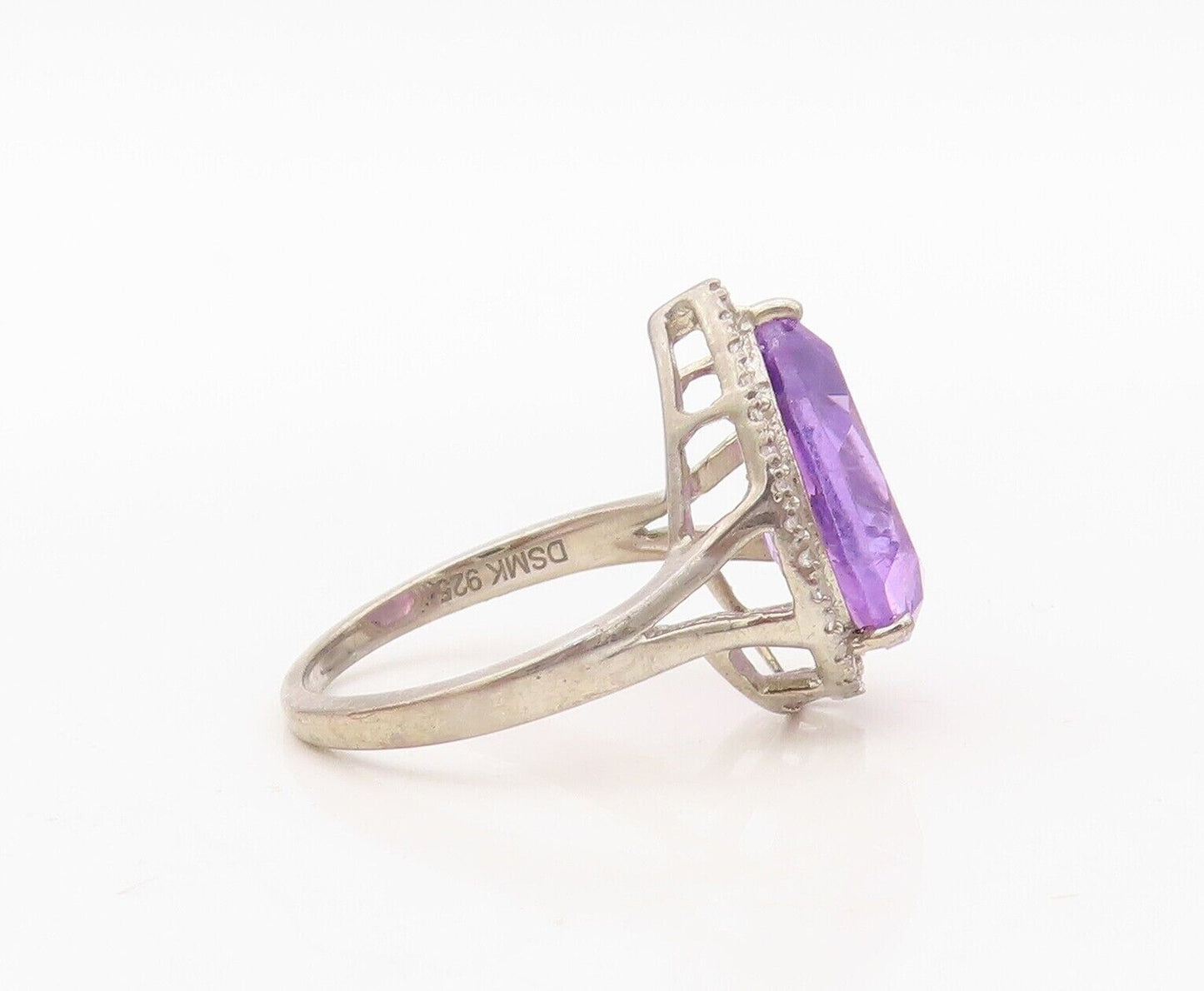 925 Sterling Silver Vintage Ring Diamonds & Drop Cut Amethyst  Sz 7  RG30393