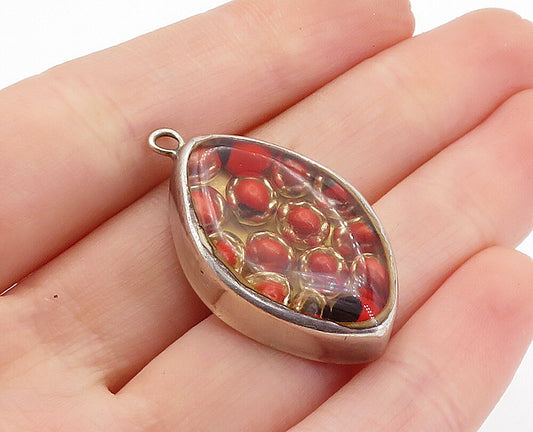925 Sterling Silver  Vintage Enamel Glass Art Pointed Oval Pendant  PT4661
