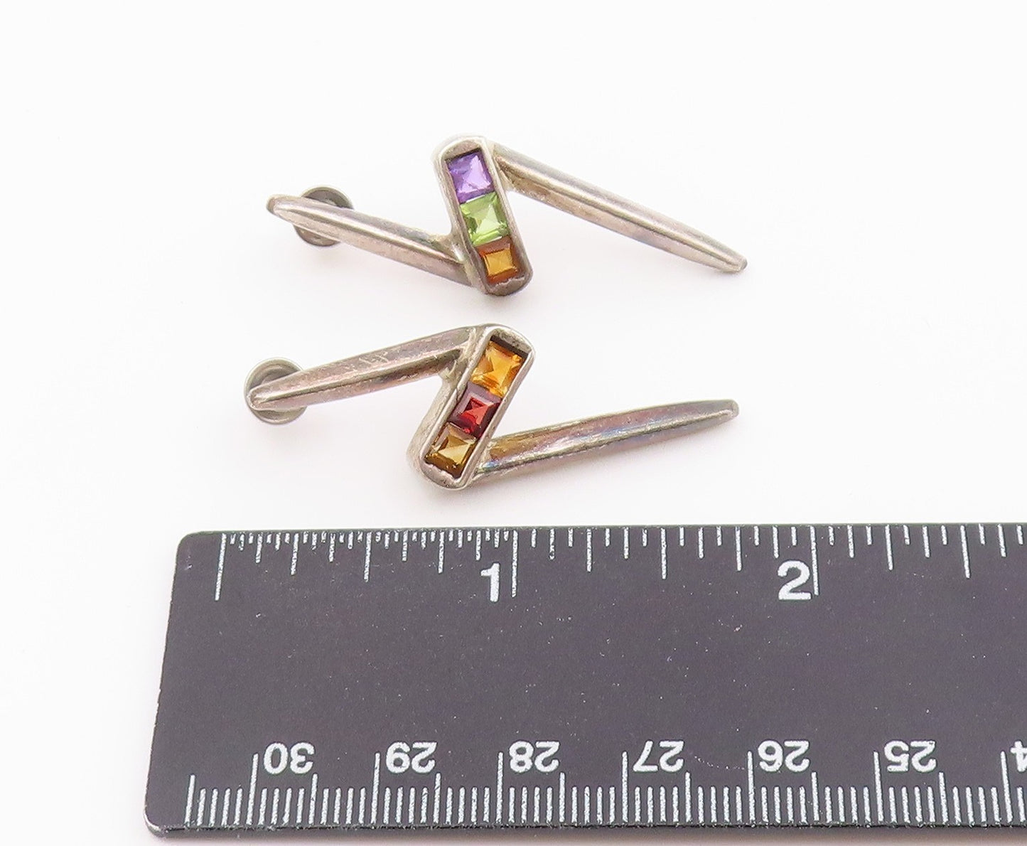 925 Sterling Silver Vintage Earrings MEXICO Gemstone Lightning Bolt Stud EG14426