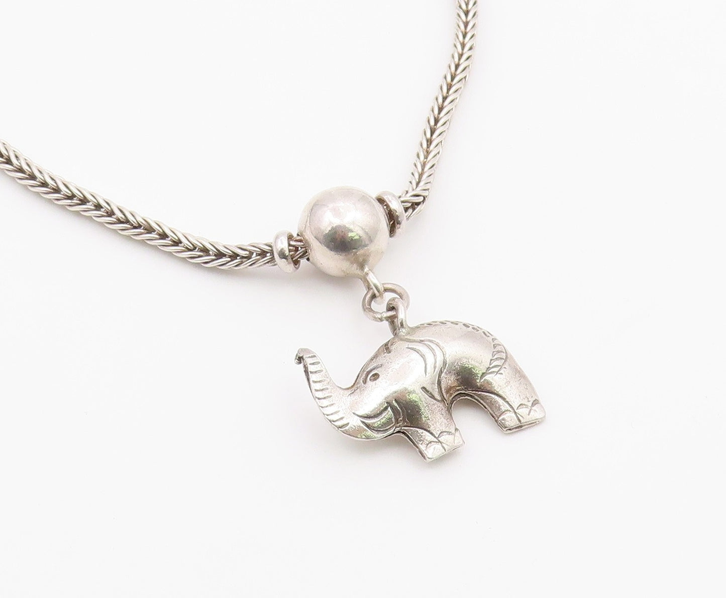925 Sterling Silver  Vintage Shiny Hollow Elephant Wheat Chain Necklace NE3541