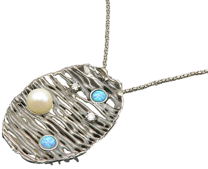 925 Silver  Vintage Pearl Fire Opal & Topaz Modernist Chain Necklace  NE3300