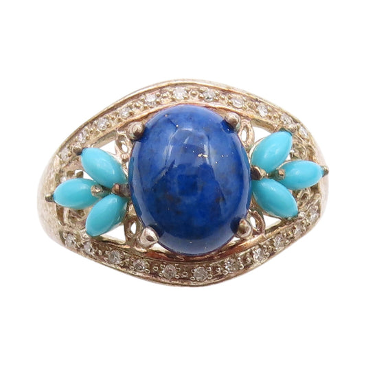 925 Sterling Silver Vintage Ring Diamonds, Turquoise & Lapis lazuli SZ 8 RG32091