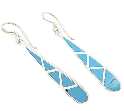 925 Sterling Silver Inlaid Turquoise Pattern Shiny Tear Drop Earrings EG3920